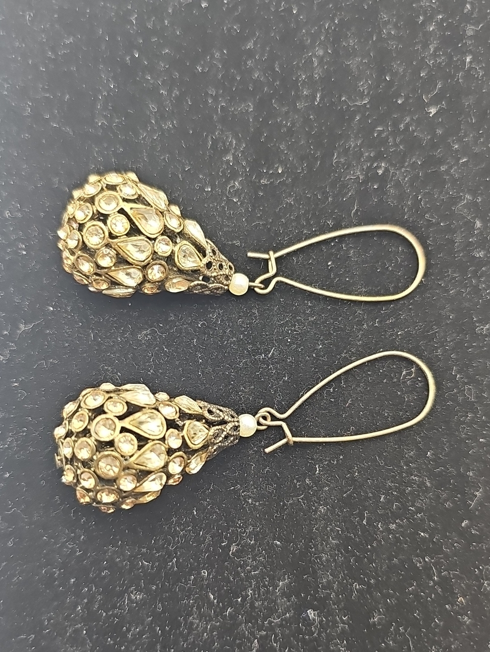 Vintage Tear Drop Elegant Brass Crystal Dangle Earrings - Unbranded